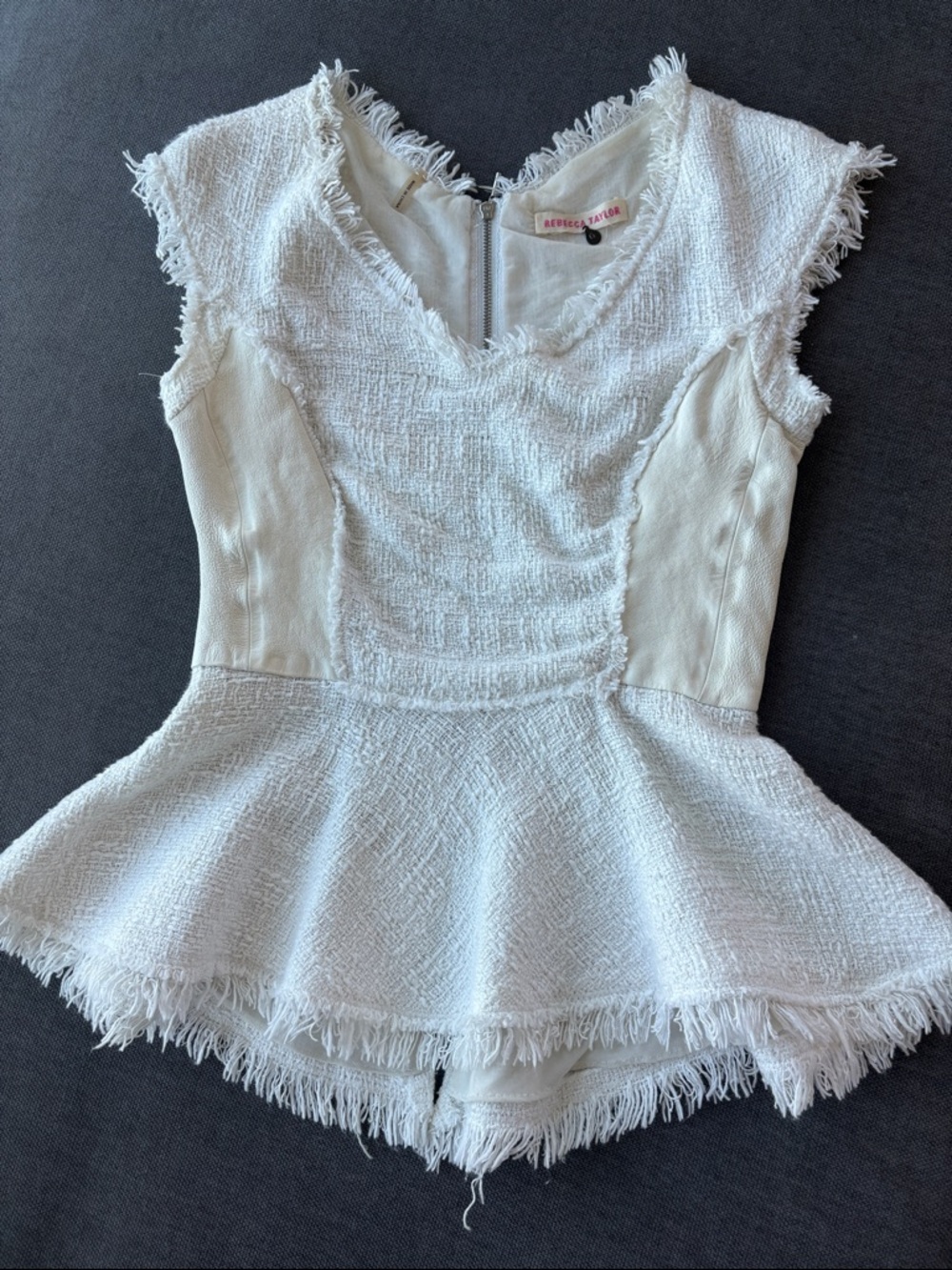 Rebecca Taylor Ivory Fringe Tweed Peplum Top with leather sides